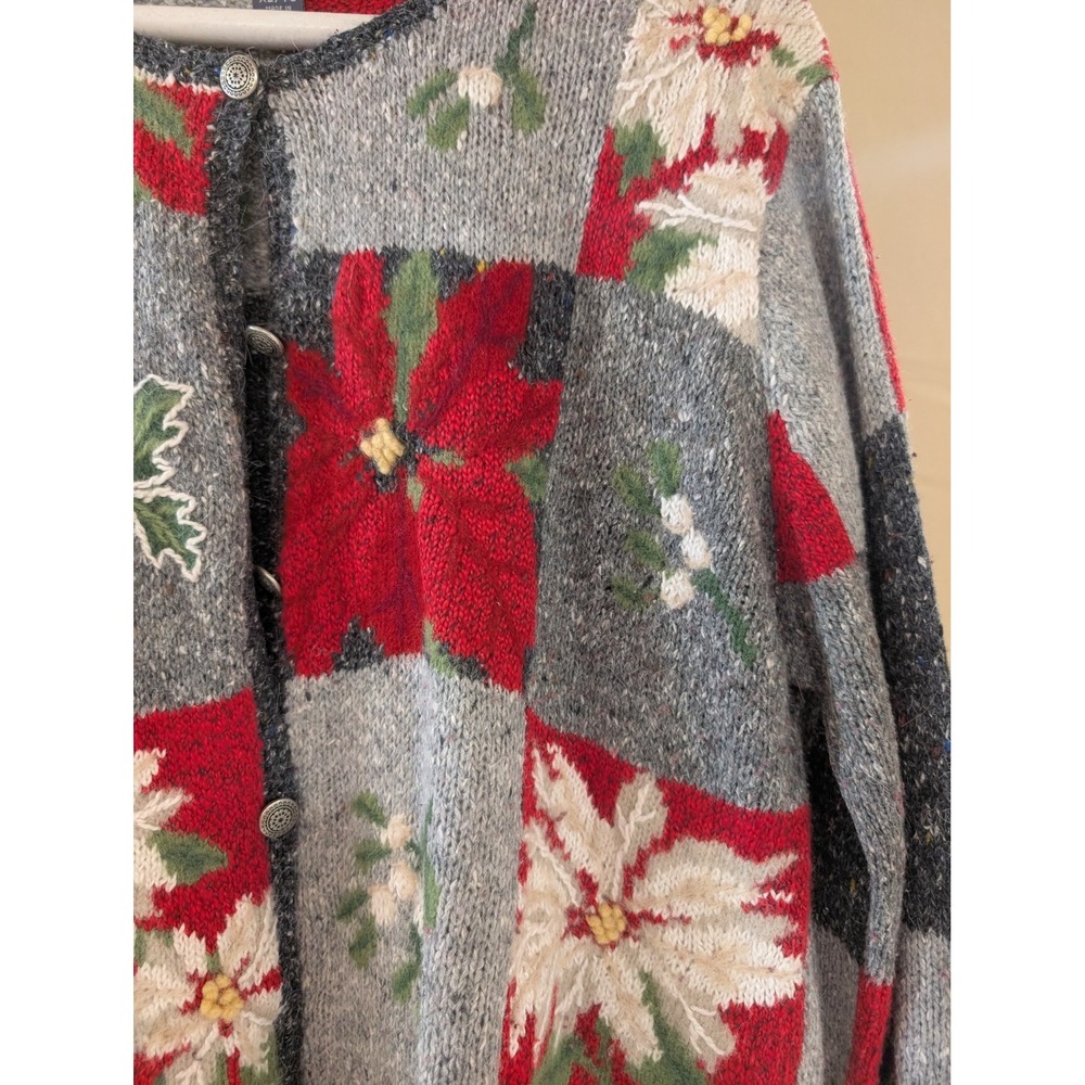 NORTHERN ISLES XL Holiday Cardigan Poinsettia Holly Knit Sweater Patchwork - Picture 4 of 6